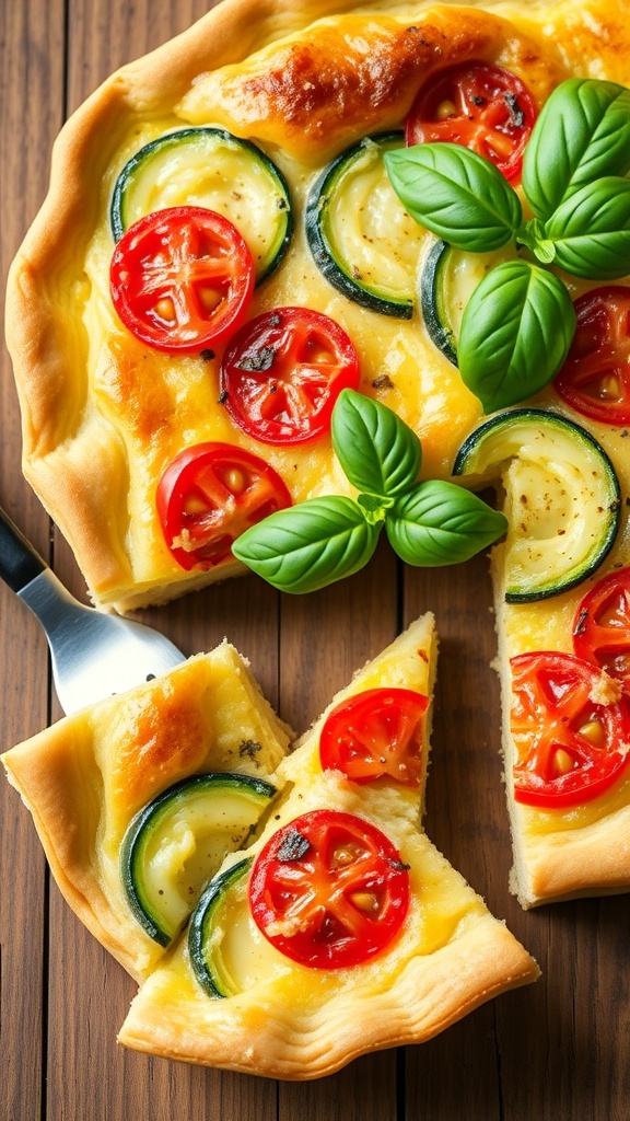 Zucchini and Tomato Quiche Recipe A golden zucchini and tomato quiche with a slice cut out, garnished with basil, on a rustic wooden table.